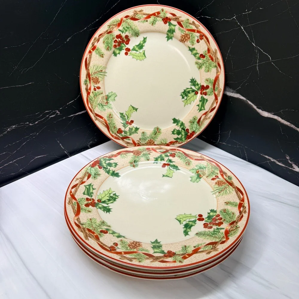 Block Basics Festive Ribbon Christmas Dinner Plates Set of 4 Holly Pine Plates